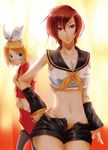  bad_id bad_pixiv_id blush cosplay costume_switch ihara_natsume kagamine_rin kagamine_rin_(cosplay) meiko meiko_(cosplay) midriff multiple_girls navel oversized_clothes shorts undersized_clothes vocaloid wide_hips 