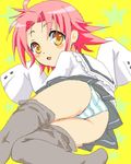  ass bent_over blush kogami_akira long_sleeves lowres lucky_star oversized_clothes panties pantyhose pink_hair short_hair sleeves_past_fingers sleeves_past_wrists solo striped striped_panties sumitan underwear yellow_eyes 