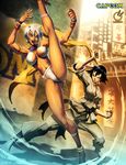  barefoot bikini black_eyes black_hair bracelet breasts dark_skin dougi elena_(street_fighter) genzoman high_kick jewelry kicking large_breasts legs makoto_(street_fighter) multiple_girls neck_ring ring short_hair street_fighter street_fighter_iii_(series) swimsuit udon_entertainment underboob white_hair 