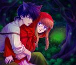  1girl animal_ears big_bad_wolf_(grimm) blue_eyes brown_hair cape couple glasses grimm's_fairy_tales hetero holding hug hug_from_behind little_red_riding_hood little_red_riding_hood_(grimm) tetsukuzu_tetsuko 