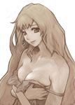  breasts cleavage earrings highres jewelry large_breasts long_hair macross macross_frontier madokan_suzuki monochrome sepia sheryl_nome sketch solo 