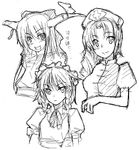  :d braid cross dress frills greyscale horns ibuki_suika izayoi_sakuya kirisato_itsuki long_hair looking_at_viewer maid_headdress monochrome multiple_girls nurse oni open_mouth puffy_short_sleeves puffy_sleeves short_sleeves simple_background sketch smile touhou twin_braids very_long_hair white_background wrist_cuffs yagokoro_eirin 