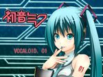  aoinagi aqua_hair bangs blush character_name collared_shirt copyright_name detached_sleeves finger_to_mouth hair_ornament hatsune_miku headphones long_hair nail_polish necktie number shirt solo tattoo twintails vocaloid 