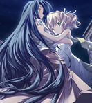  angelina_rocca aqua_eyes aqua_hair belle_(katahane) blonde_hair blush dress flat_chest fue_(tsuzuku) hair_ribbon hug katahane long_hair multiple_girls night night_sky non-web_source outdoors ribbon scarf short_hair skirt sky sleeves_rolled_up very_long_hair yuri 