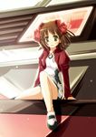  amami_haruka bare_legs blush bow brown_hair full_body green_eyes hair_bow idolmaster idolmaster_xenoglossia juliet_sleeves light_particles long_sleeves looking_at_viewer mary_janes minadori_naya no_socks puffy_sleeves red_bow shoes short_hair sitting solo spread_legs 