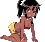  barefoot black_eyes black_hair breasts dark_skin e10 jewelry large_breasts necklace ponytail sarong sekaiju_no_meikyuu shilleka solo yellow_sarong 