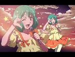  ;d \m/ cloud dress fang green_hair kagero_(plusup) letterboxed macross macross_frontier microphone one_eye_closed open_mouth ranka_lee red_eyes seikan_hikou short_hair sky smile solo star thighhighs zoom_layer 