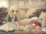  ahoge blonde_hair blue_eyes book bow couch hair_bow kirisame_marisa lamp multiple_girls no_hat no_headwear open_book patchouli_knowledge pointing purple_hair red_eyes tes_(unpre) touhou 