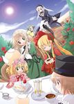  :o black_dress blonde_hair blue_sky bow closed_eyes day dress full_body green_dress hat hina_ichigo kanaria long_sleeves manami_tatsuya multiple_girls parted_lips pink_bow profile red_dress rozen_maiden shinku siblings sidelocks sisters sitting sky souseiseki suigintou suiseiseki sun sunlight table tea top_hat twins 