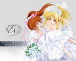  blonde_hair blush bouquet breasts bride brown_hair carrying cleavage dress elbow_gloves fate_testarossa flower gloves highres long_hair lyrical_nanoha mahou_shoujo_lyrical_nanoha mahou_shoujo_lyrical_nanoha_a's mahou_shoujo_lyrical_nanoha_strikers medium_breasts multiple_girls open_mouth ponytail princess_carry purple_eyes rato red_eyes side_ponytail smile takamachi_nanoha wedding wedding_dress wife_and_wife yuri 