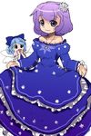  alternate_costume blue_dress bow cirno dress flower frilled_dress frills hair_bow hair_flower hair_ornament hands_on_own_cheeks hands_on_own_face hirosato jewelry layered_dress letty_whiterock looking_at_another looking_at_viewer multiple_girls pendant purple_hair skirt_hold smile snowflakes touhou 