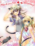  :d animal animal_ears blonde_hair blue_eyes blush bow bowtie brown_eyes cat cat_ears cat_tail collarbone gem jewelry jin_rikuri long_hair looking_at_viewer multiple_girls necklace open_mouth original pendant polka_dot_skirt red_bow red_neckwear salute skirt smile tail very_long_hair white_skirt 