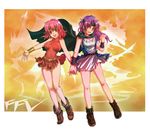  boots brown_eyes cape dress faris_scherwiz final_fantasy final_fantasy_v happy headband holding_hands kara_(color) legs lenna_charlotte_tycoon long_hair multiple_girls pink_hair purple_hair red_eyes short_hair siblings sisters skirt wrist_cuffs 