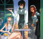  2girls breasts c.c. chef code_geass cup drama_cd dress drinking_glass food green_hair head_scarf highres jpeg_artifacts kallen_stadtfeld kimura_takahiro lelouch_lamperouge long_legs medium_breasts multiple_girls non-web_source official_art pizza sideboob waiter wine_glass 