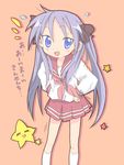  :d bad_id bad_pixiv_id blue_eyes blush core_(mayomayo) flying_sweatdrops hands_on_hips hiiragi_kagami kneehighs lavender_hair long_sleeves looking_at_viewer lucky_star neckerchief open_mouth pink_neckwear pleated_skirt red_skirt ryouou_school_uniform sailor_collar school_uniform serafuku skirt smile solo star white_legwear 