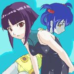  bangs blue_hair blunt_bangs blush bob_cut bodysuit brown_eyes ester_ein_astrada floral_print flower hair_ornament hairclip higashihara_megumi kenran_butou_sai leaning_forward looking_back lowres multiple_girls oekaki one-piece_swimsuit print_swimsuit purple_hair school_swimsuit shimano_natsume short_hair short_twintails sidelocks sunflower sunflower_print swimsuit turtleneck twintails yellow_eyes yellow_swimsuit 