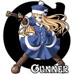  blonde_hair blue_eyes blue_skirt fighting_stance floating_hair fur_trim gun gunner hat holding holding_weapon jack_frost jitome long_hair long_sleeves pleated_skirt pom_pom_(clothes) sekaiju_no_meikyuu simple_background skirt solo spread_legs tonpuu very_long_hair weapon white_background wind 