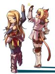  animal_ears armor blonde_hair cat_ears cat_tail crossover final_fantasy final_fantasy_xi high_five long_hair mithra multiple_girls paladin_(sekaiju) sankuma sekaiju_no_meikyuu short_hair tail 