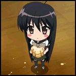  1girl animated animated_gif black_hair bread chibi food lowres melon_bread non-web_source school_uniform shakugan_no_shana shakugan_no_shana-tan shana solo thighhighs 