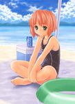  barefoot beach black_school_swimsuit cloud copyright_request day feet green_eyes hands_on_feet indian_style innertube inou_shin jpeg_artifacts one-piece_swimsuit outdoors plantar_flexion pocari_sweat red_hair school_swimsuit short_hair sitting sky solo swimsuit water 