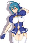  adjusting_hair ahoge aqua_hair bottomless breasts copyright_request gloves green_hair heart large_breasts maebari nagase_haruhito red_eyes solo thighhighs 