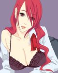  bra breasts cleavage hair_over_one_eye kirijou_mitsuru large_breasts lingerie lipstick long_hair lowres makeup oekaki open_clothes open_shirt persona persona_3 red_eyes red_hair shirt solo sumitan underwear 