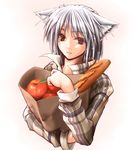  animal_ears apple bread brown_eyes cat_ears copyright_request food fruit gizensha holding holding_food holding_fruit solo white_hair 