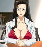  breast_rest breasts cleavage dragonaut glasses highres huge_breasts kitajima_yuuri long_hair screencap serious solo stitched third-party_edit 