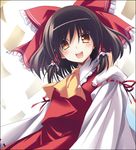  ascot bangs bare_shoulders black_hair blush bow brown_eyes detached_sleeves frilled_bow frilled_hair_tubes frilled_shirt_collar frills hair_bow hair_tubes hakurei_reimu looking_at_viewer open_mouth paper red_bow red_ribbon red_shirt ribbon ribbon-trimmed_sleeves ribbon_trim shirt short_hair simple_background sleeveless sleeveless_shirt smile solo teeth touhou white_collar white_sleeves wide_sleeves yellow_neckwear zinno 