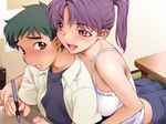  1girl bare_shoulders bedroom blush breast_press breasts brown_eyes camisole drawing furuhashi_chinatsu game_cg green_hair hetero kiriyama_taichi medium_breasts midriff open_mouth pink_eyes purple_hair smile sweet_home 