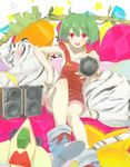  1girl green_hair highres macross macross_frontier microphone overall_shorts overalls ranka_lee short_hair solo stuffed_animal stuffed_toy 