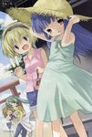  :d arch arms_up blonde_hair blue_eyes blush building collar collarbone day dress dutch_angle food furude_rika green_dress hat highres higurashi_no_naku_koro_ni holding houjou_satoko ice_cream looking_at_viewer multiple_girls open_mouth popsicle red_eyes ryuuguu_rena shrine smile sonozaki_mion standing straw_hat sun_hat sundress tontaro torii vest 