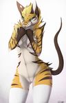  chest_tuft claws covering covering_breasts feline female fur green_eyes hybrid legwear looking_at_viewer mammal nude plain_background pussy rat rodent solo standing stockings stripes tiger tuft white_background xander xin-wei yellow_body 
