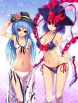  bad_id bad_pixiv_id bare_legs bare_shoulders bikini blue_hair breasts cleavage flat_chest food fruit hat highres hinanawi_tenshi large_breasts long_hair multiple_girls nagae_iku navel peach pink_sarong print_sarong purple_hair red_eyes sarong shawl side-tie_bikini sousakubito swimsuit touhou very_long_hair 