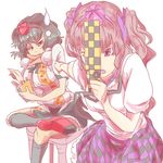  annoyed bad_id bad_pixiv_id bow cellphone crossed_legs frills hat highres himekaidou_hatate kerituke1500 long_hair multiple_girls necktie notepad phone scarf shameimaru_aya short_hair sitting skirt sweatdrop texting tokin_hat touhou 