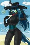  anthro anthrofied beach bikini blue_hair blush bra breasts changeling cleavage cloth clothed clothing cloud dripping equine female friendship_is_magic green_eyes hair hat horn ice_cream long_hair looking_at_viewer mammal my_little_pony navel outside queen_chrysalis_(mlp) seaside skimpy skykain solo standing swimsuit tight_clothing tongue torn_clothing underwear water wings 