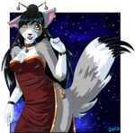  black_hair black_lips canine chinese_dress dress ear_piercing female fur grey_fur hair mammal piercing solo wolf yellow_eyes zenia zenia_(character) 