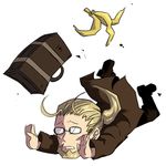  antenna_hair banana_peel blonde_hair chibi da_huang fullmetal_alchemist glasses lowres male_focus ponytail solo suitcase tripping van_hohenheim 