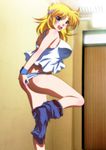  ass banpresto blonde_hair blue_eyes blush breasts highres lune_zoldark panties short_hair smile solo super_robot_wars underwear undressing yadokari_genpachirou 