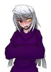  ahoge blush breasts colorized crossed_arms full-face_blush heterochromia huge_ahoge infinite_stratos large_breasts laura_bodewig maydrawfag no_eyepatch non-web_source open_mouth red_eyes ribbed_sweater silver_hair solo sweater transparent_background yellow_eyes 