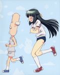  1girl =_= absurdres bald blue_background blush buruma facial_hair green_hair gym_shorts gym_uniform hidamari_sketch highres itou_yoshiaki kneehighs long_hair mustache official_art old_man open_mouth principal_(hidamari_sketch) running scan shoes short_sleeves shorts sneakers socks trembling wavy_mouth white_legwear yoshinoya 