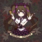  blush brown_hair brush cellphone crossed_arms double_spoiler hat himekaidou_hatate long_hair necktie phone pointy_ears puffy_sleeves purple_eyes short_sleeves smile solo tank_(artist) tokin_hat touhou twintails very_long_hair wristband 