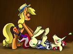  applejack_(mlp) blonde_hair blush cutie_mark dildo duo equine female feral flim_(mlp) friendship_is_magic green_eyes hair hat hay horn horse male mammal my_little_pony plain_background pony sex_toy smile strapon susiebeeca unicorn 