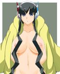  1girl artist_request black_eyes black_hair blue_eyes breasts coat gym_leader headphones kamitsure_(pokemon) navel nipples pokemon pokemon_(game) pokemon_bw2 solo 