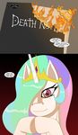  comic crossover crown death_note english_text equine female fire friendship_is_magic hair horn horse looking_at_viewer mammal multi-colored_hair my_little_pony plain_background pony princess princess_celestia_(mlp) reflection royalty smile solo text tiberius unicorn winged_unicorn wings 