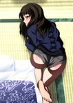  all_fours ass black_hair blush brown_eyes feet foot futon highres long_hair looking_back original short_shorts shorts solo sweater thighhighs toes yadokari_genpachirou 