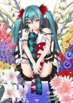  aqua_eyes aqua_hair arm_garter barefoot chair checkered checkered_legwear convenient_leg flower full_body gladiolus hair_ribbon hatsune_miku knees_up leg_hug leg_ribbon lily_(flower) long_hair looking_at_viewer mismatched_legwear no_shoes ribbon sentoiro sitting smile soaking_feet solo striped striped_legwear thighhighs toeless_legwear twintails vertical-striped_legwear vertical_stripes very_long_hair vocaloid water white_legwear 