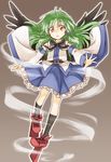  abo_(hechouchou) bow commentary_request detached_sleeves geta green_hair hair_tubes if_they_mated kochiya_yuriko long_hair red_eyes skirt solo tengu-geta touhou 