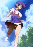  banpresto breasts cloud highres purple_hair short_hair skirt sky socks solo super_robot_wars tree xenia_grania_bilseia yadokari_genpachirou 