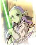  ahoge alien earrings energy_sword green_eyes green_skin holding jedi jewelry kimoto_kanata lavender_hair lightsaber long_hair male_focus pointy_ears solo star_wars sword weapon yoda younger 